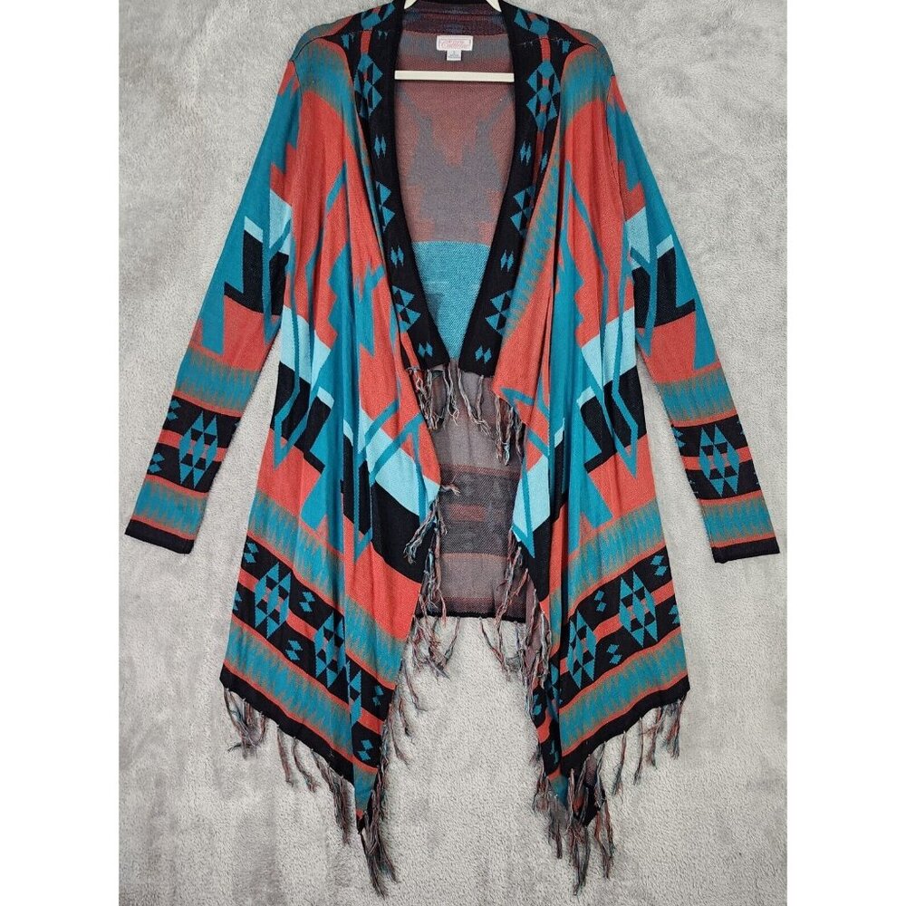 Pink Cattlelac Sweater Womens Small Southwestern Open Front Fringed Cardigan